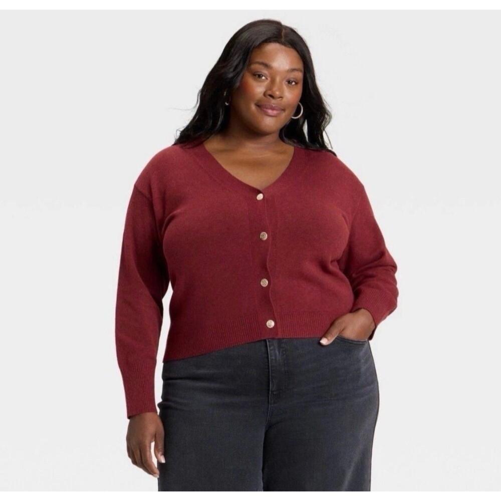 Women's Ava & Viv V-Neck Button Front Cardigan Sweater Burgundy 3X